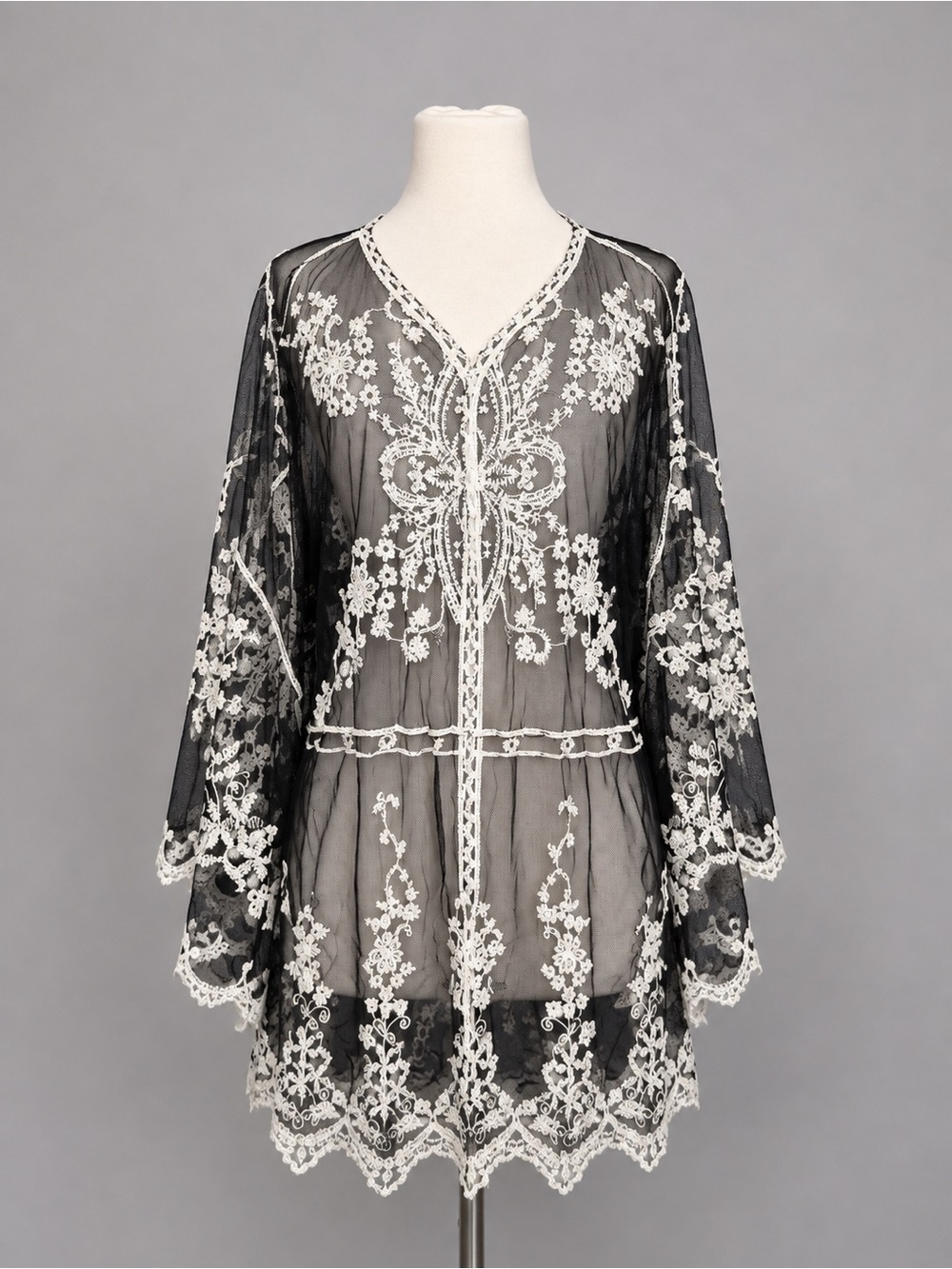 Rachel Zoe One Size Black Ivory Embroidered Sheer Mesh Kimono Duster Boho